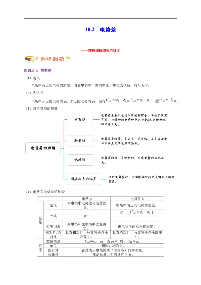 第34讲10.2电势差（学生版）-新高二暑假精品课（人教版）_高中三年全科资料_高中_高中1_2025秋新高二《暑假衔接讲义》（语数外理化）电子版_2025新高二物理暑假衔接讲义（人教版）