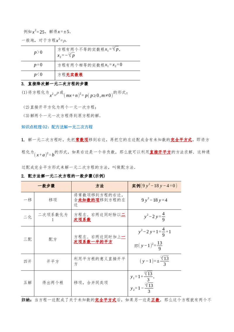 专题21.2解一元二次方程（知识梳理+18个考点讲练+中考真题演练+难度分层练共45题）原卷版_人教版数学九年级上册_版本二_九年级数学上册（人教版）_重难点专题提优-V8_2026版