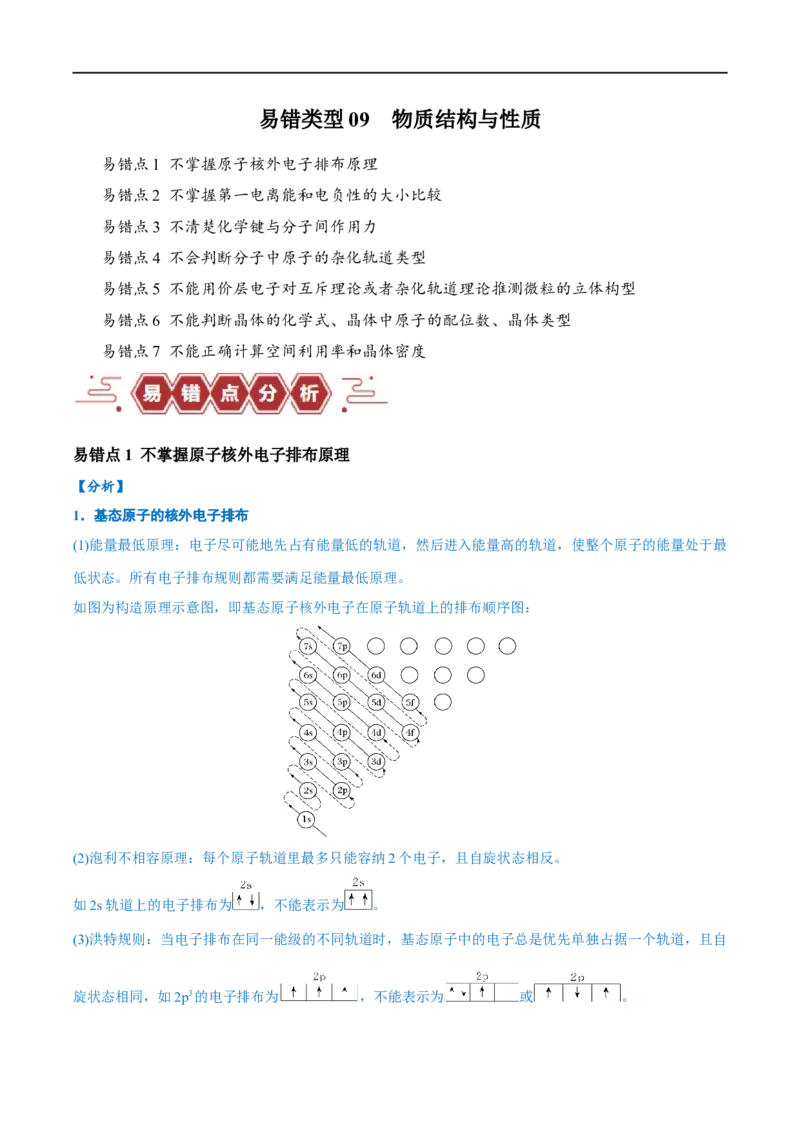 易错类型09物质结构与性质（7大易错点）（原卷版）_高中三年全科资料_高中_15高中全科《高考易错题》2025版_高考化学备战2025年高考易错题（新全国通用）