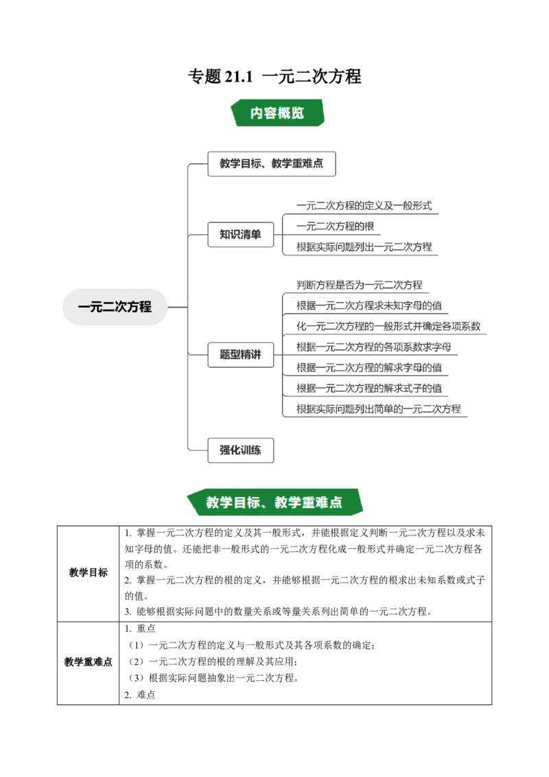 专题21.1一元二次方程（高效培优讲义）（教师版）_人教版数学九年级上册_版本二_九年级数学上册（人教版）_同步讲义-U18_2026版