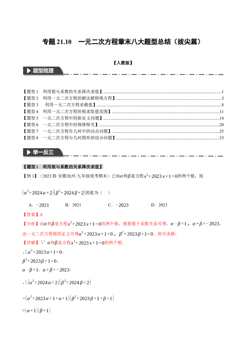 专题21.10一元二次方程章末八大题型总结（拔尖篇）（人教版）（教师版）_人教版数学九年级上册_版本二_九年级数学上册（人教版）_母题专项-U66_2024版