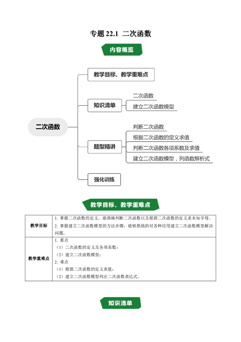 专题22.1二次函数（高效培优讲义）（学生版）_人教版数学九年级上册_版本二_九年级数学上册（人教版）_同步讲义-U18_2026版