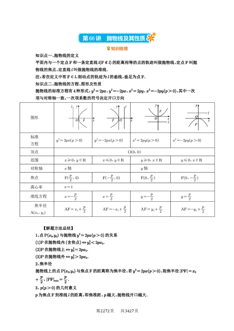 第66讲抛物线及其性质_高中三年全科资料_高考数学《必刷5000题》2025版_2025高考数学必刷5000题（解析版分章节PDF）