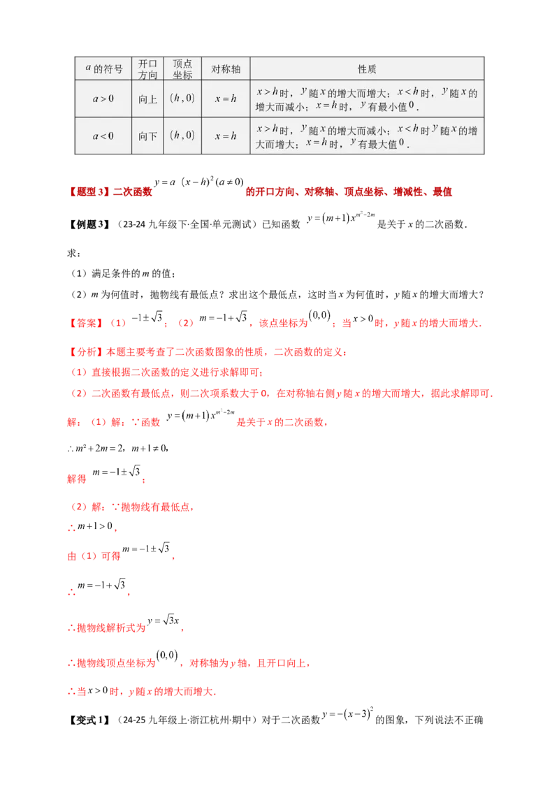 专题22.2二次函数y=a（x-h)&sup2;+k(a&ne;0)的图象与性质（知识梳理+题型精析+同步练习）（人教版）（教师版）_人教版数学九年级上册_版本二_九年级数学上册（人教版）_专题突破练习-V4_2026版