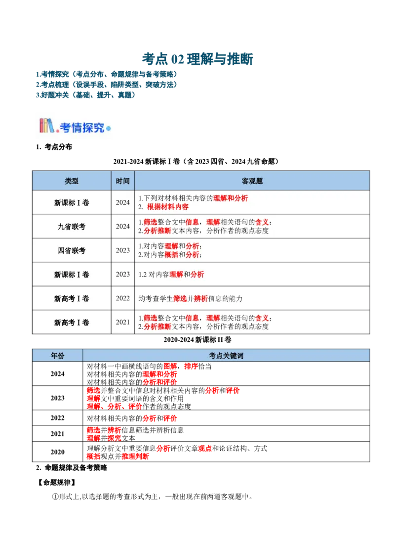 考点02理解与推断-备战2025年高考语文一轮复习考点帮（新高考通用）（学生版）_高中三年全科资料_高中_高中1_备战2026年高考语文一轮复习考点帮（新高考通用）