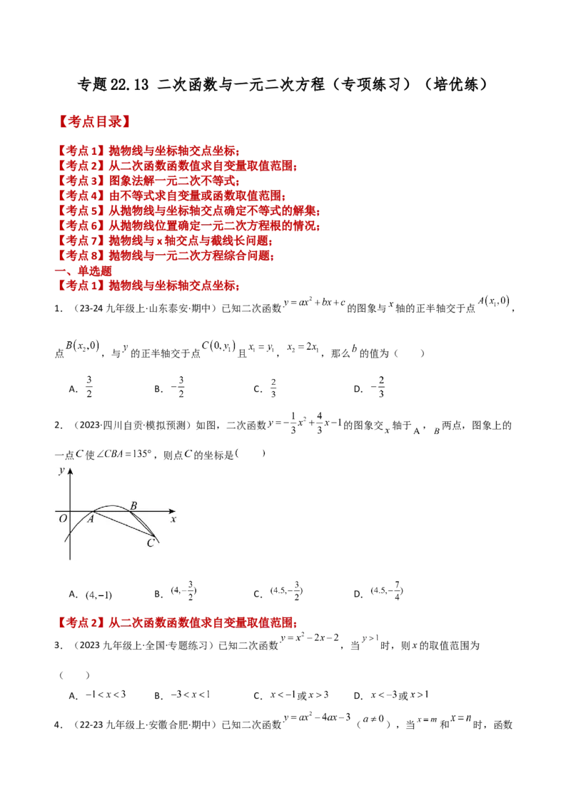 专题22.13二次函数与一元二次方程（专项练习）（培优练）-（人教版）_人教版数学九年级上册_版本二_九年级数学上册（人教版）_专题突破练习-V4_2025版