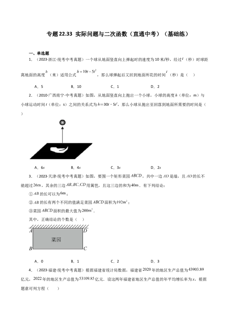 专题22.33实际问题与二次函数（直通中考）（基础练）-（人教版）_人教版数学九年级上册_版本二_九年级数学上册（人教版）_专题突破练习-V4_2024版