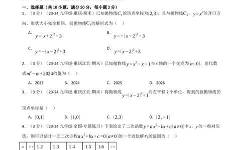 专题22.10二次函数单元提升卷（人教版）（学生版）_人教版数学九年级上册_版本二_九年级数学上册（人教版）_母题专项-U66_2025版