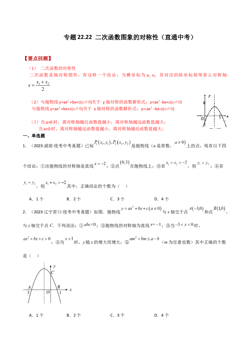 专题22.22二次函数图象的对称性（直通中考）-（人教版）_人教版数学九年级上册_版本二_九年级数学上册（人教版）_专题突破练习-V4_2024版