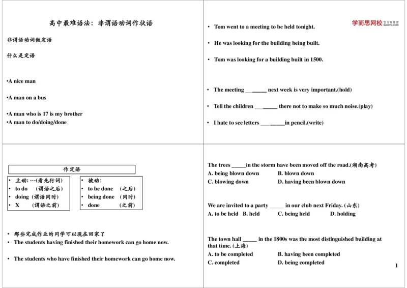 讲义_高中三年全科资料_高中_60课时学完高中英语_60课时学完高中全部英语（上）_第30讲：高中最难语法：非谓语动词作状语