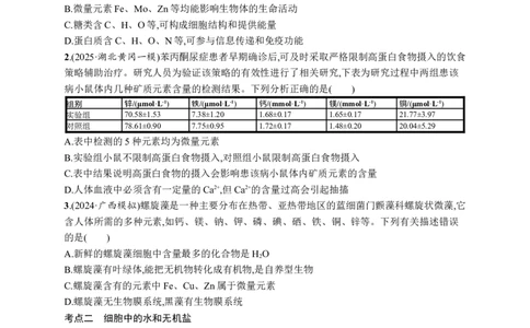 课时规范练2　细胞中的无机物、糖类和脂质_高中三年全科资料_高中_高中1_2026版《优化设计》新高考版一轮（生物+数学）_2026优化设计一轮复习(生物)_课后习题
