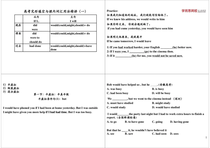 讲义_高中三年全科资料_高中_60课时学完高中英语_60课时学完高中全部英语（上）_第17讲虚拟语气之if虚拟的现在时，过去时与将来时精讲（下）