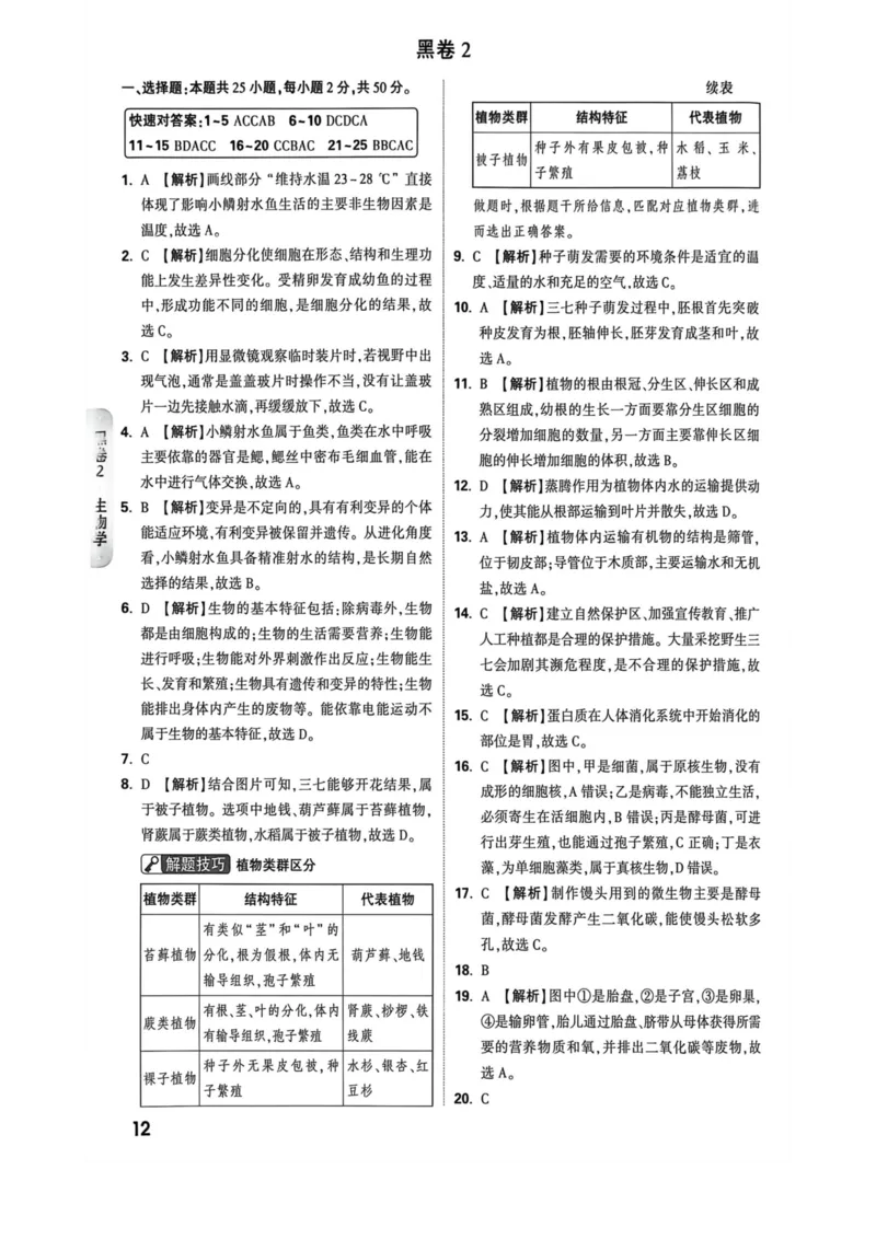 26福建生物黑白卷答案_2026中考押题卷合集_2026《万唯中考黑白卷》地方版_万唯2026版初中《万唯黑白卷》地生（福建）_26福建中考生物