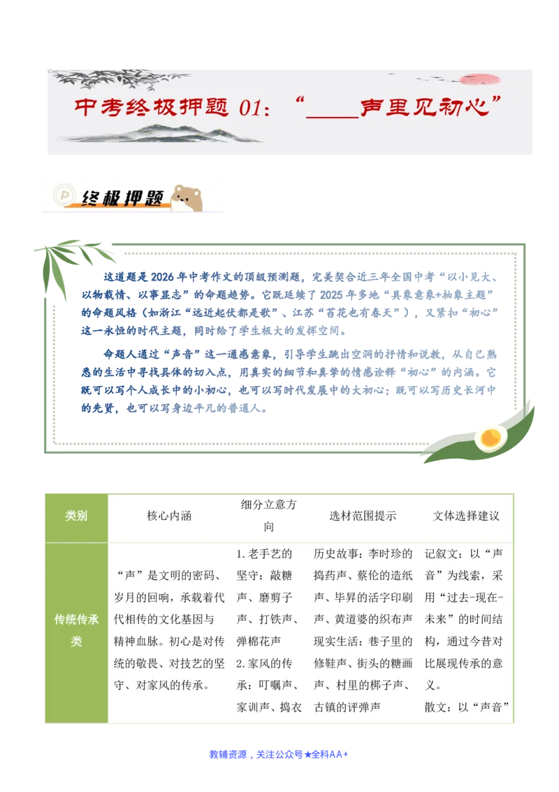 中考终极押题01：&ldquo;____声里见初心&rdquo;(半命题作文)_中考押题2026《中考押题》系列（9科全套实时更新中）_2026版中考《作文押题系列》提醒押题+终极压题+主题密押+地区押题（语文）