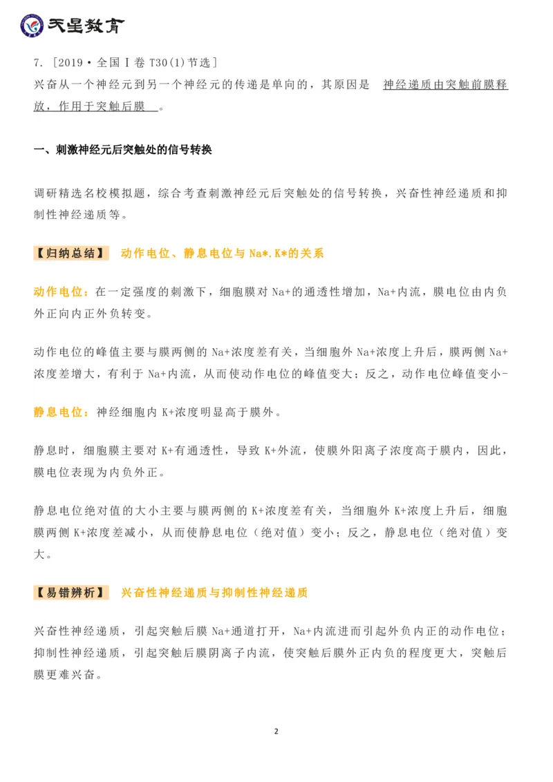 高考生物高频考点&mdash;&mdash;兴奋的产生和传导_高中三年全科资料_高中_1高中基础资料包_A-高中必背9科知识点_生物