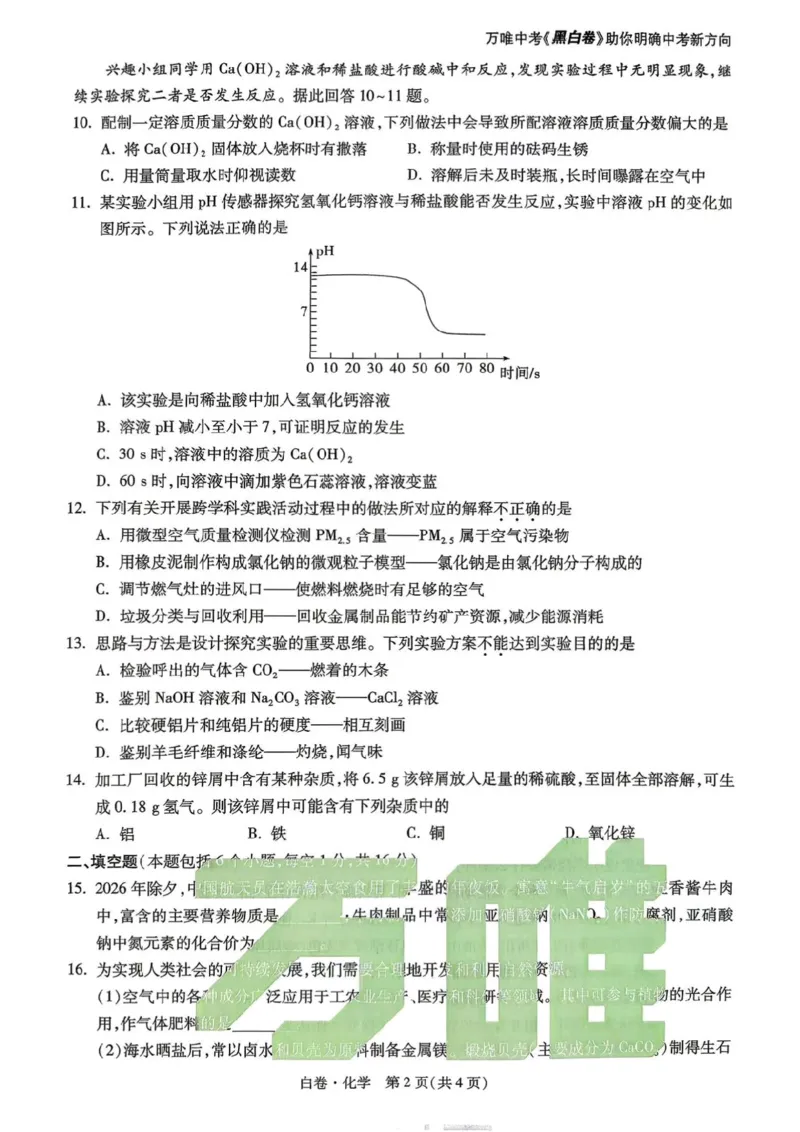 化学白卷_中考押题2026《中考押题》系列（9科全套实时更新中）_万唯2026版初中《万唯黑白卷》7科全套（河南）