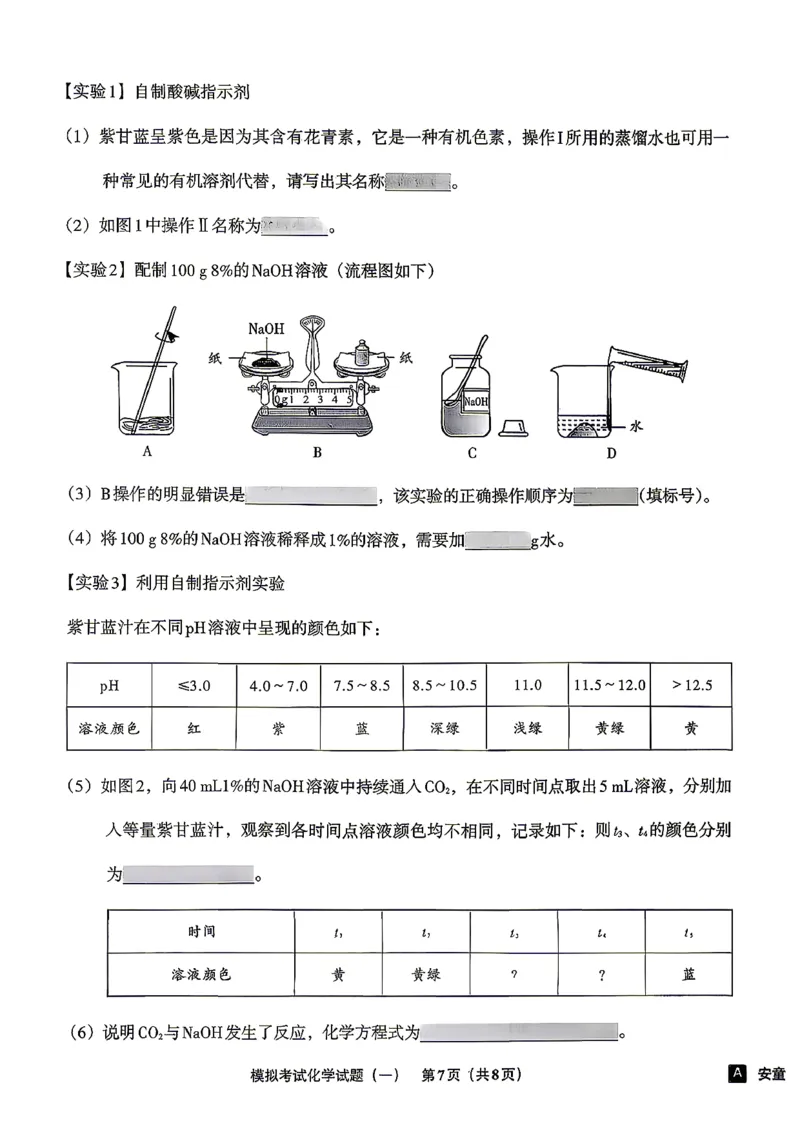 化学A4安童中考模拟试卷_中考押题2026《中考押题》系列（9科全套实时更新中）_2026版初中《安童中考模拟试卷》7科全套（辽宁）_26《安童中考模拟试卷》化学