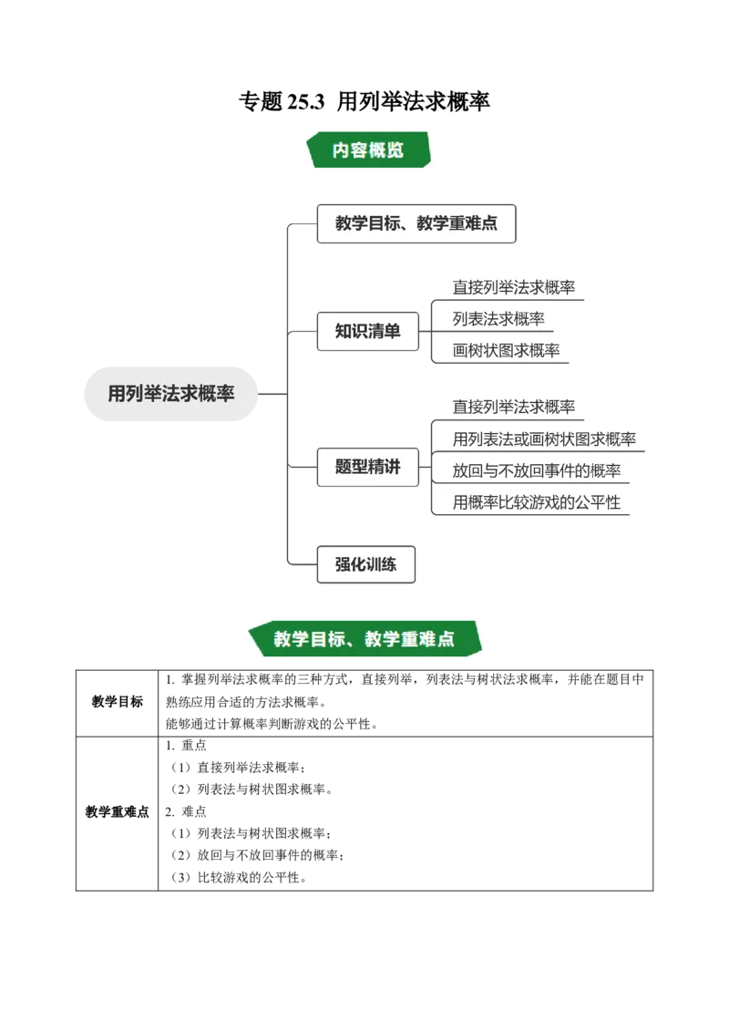 专题25.3用列举法求概率（高效培优讲义）（学生版）_人教版数学九年级上册_版本二_九年级数学上册（人教版）_同步讲义-U18_2026版