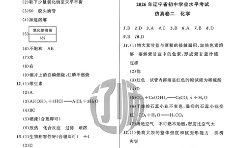 化学答案_中考押题2026《中考押题》系列（9科全套实时更新中）_2026中考必备考前必做A卷（全科）_中考必备考前必做A卷化学
