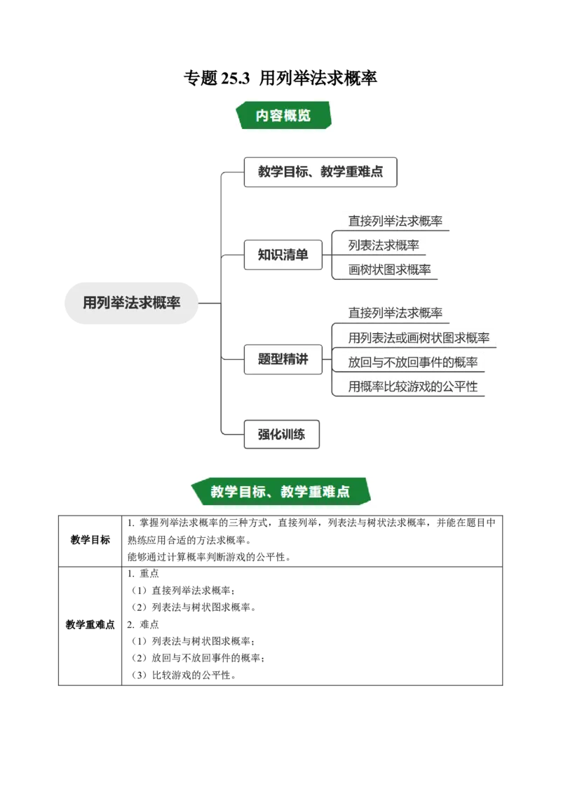 专题25.3用列举法求概率（高效培优讲义）（教师版）_人教版数学九年级上册_版本二_九年级数学上册（人教版）_同步讲义-U18_2026版