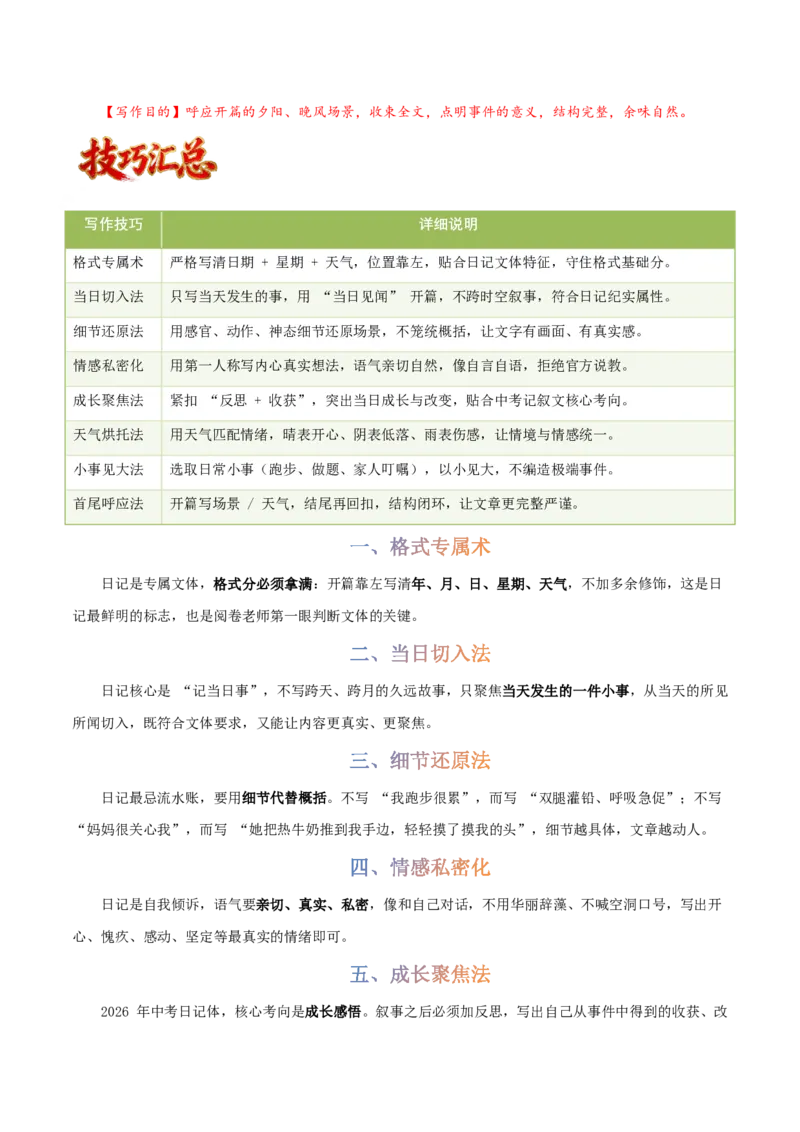 写作通关模板06：日记体模板(解析版)_中考押题2026《中考押题》系列（9科全套实时更新中）_2026版中考《作文提分系列》提分攻略+通关模版+热点速递（语文）_2026《写作》通关模版