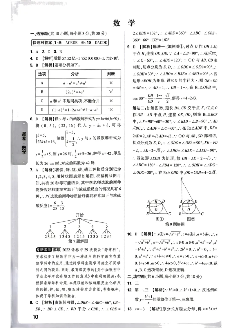 数学黑卷答案_中考押题2026《中考押题》系列（9科全套实时更新中）_万唯2026版初中《万唯黑白卷》7科全套（武汉）_数学