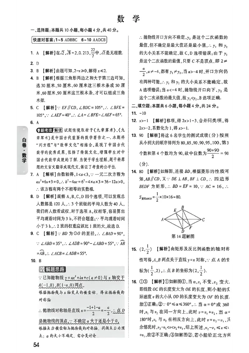 数学白卷答案_中考押题2026《中考押题》系列（9科全套实时更新中）_万唯2026版初中《万唯黑白卷》7科全套（福建）_万维数学