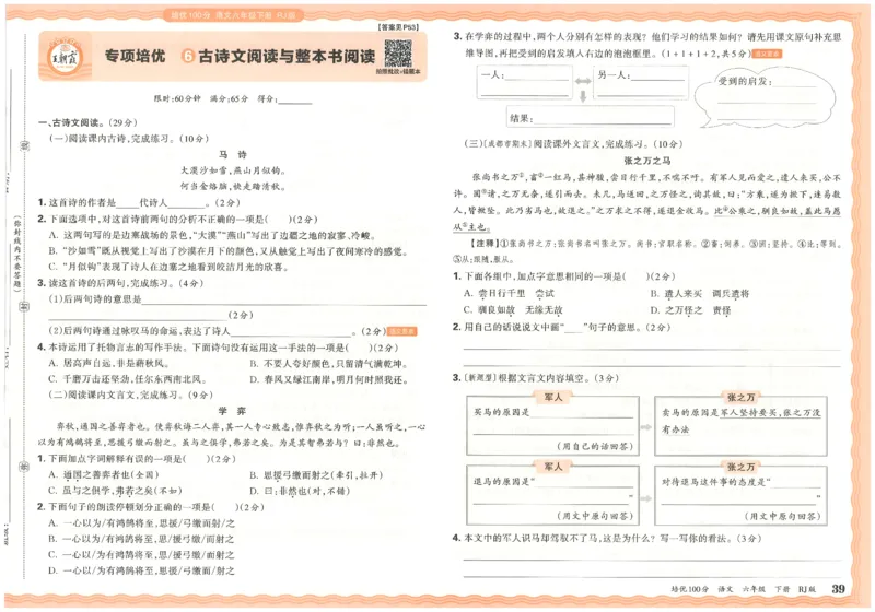 六下语文王朝霞培优100分_2026春小学教辅大合集_8-26春《王朝霞》系列_04.2026春WZX培Y100分数学语文人教1-6年级下册_语文《王朝霞培优100分》26春