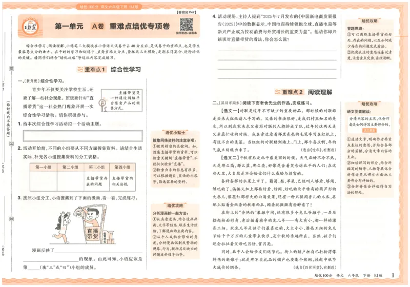 六下语文王朝霞培优100分_2026春小学教辅大合集_8-26春《王朝霞》系列_04.2026春WZX培Y100分数学语文人教1-6年级下册_语文《王朝霞培优100分》26春