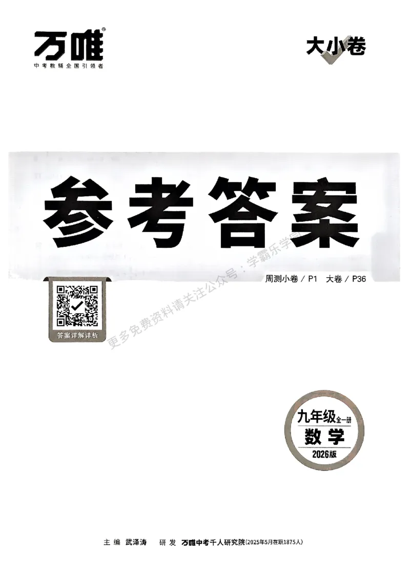 大小卷九年级全一册数学人教&mdash;&mdash;答案_2026中考押题卷合集_2026新中考中考全科资料_2026版大小卷&bull;人教版数学&bull;9年级全一册