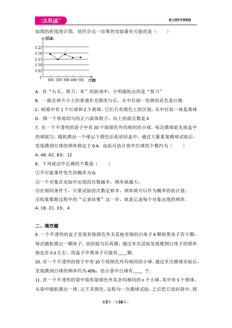 人教版第25章概率初步测试卷（3）_人教版数学九年级上册_版本一_人教版数学九年级上册（RJ）--4单元测试卷_人教版数学九年级上册（RJ）--4单元测试卷
