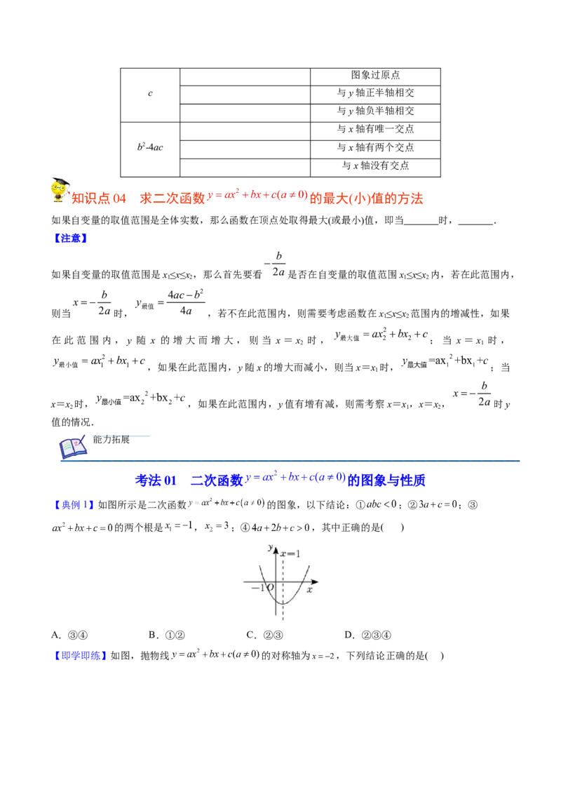 初中数学同步9年级上册第11课二次函数y=ax&sup2;+bx+c(a&ne;0)的图象与性质（学生版）_人教版数学九年级上册_版本二_九年级数学上册（人教版）_专项复习_讲义_学生版在此文件夹