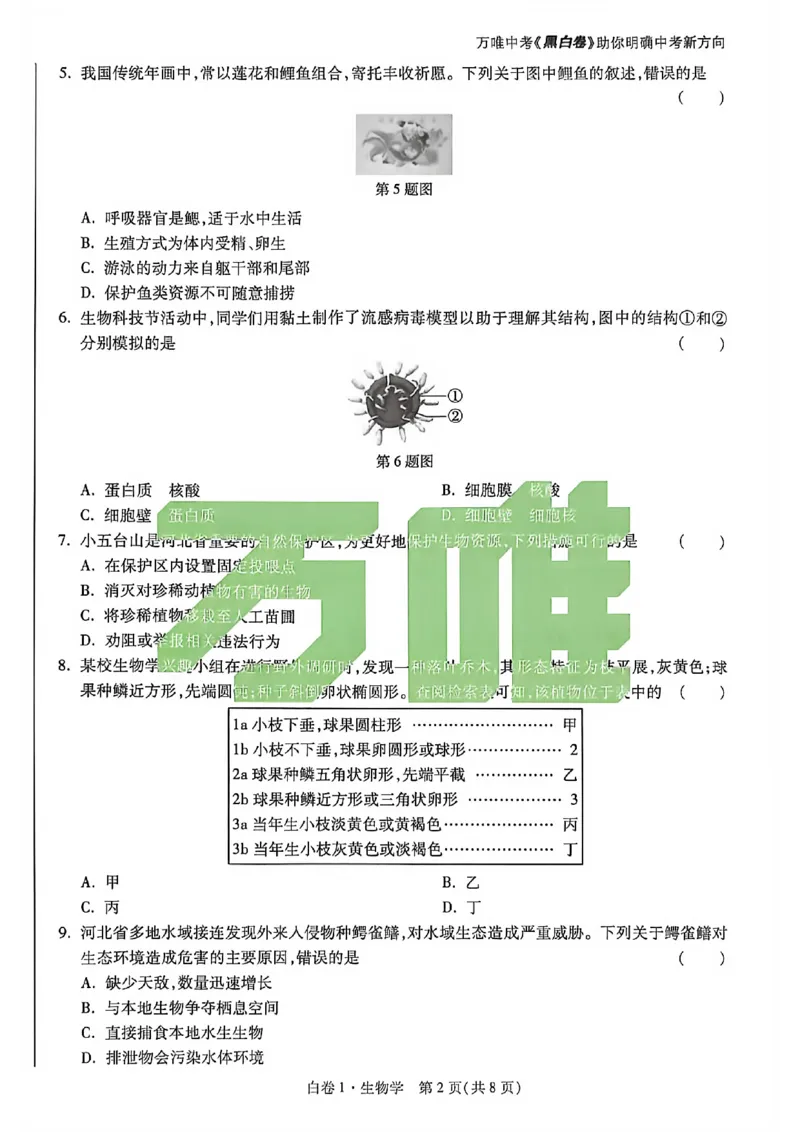 生物试卷原版_中考押题2026《中考押题》系列（9科全套实时更新中）_万唯2026版初中《万唯黑白卷》地生（河北）_生物黑白