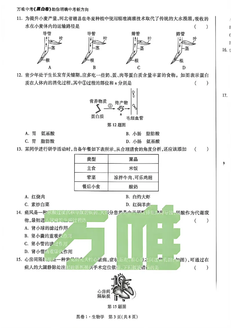 生物试卷原版_中考押题2026《中考押题》系列（9科全套实时更新中）_万唯2026版初中《万唯黑白卷》地生（河北）_生物黑白
