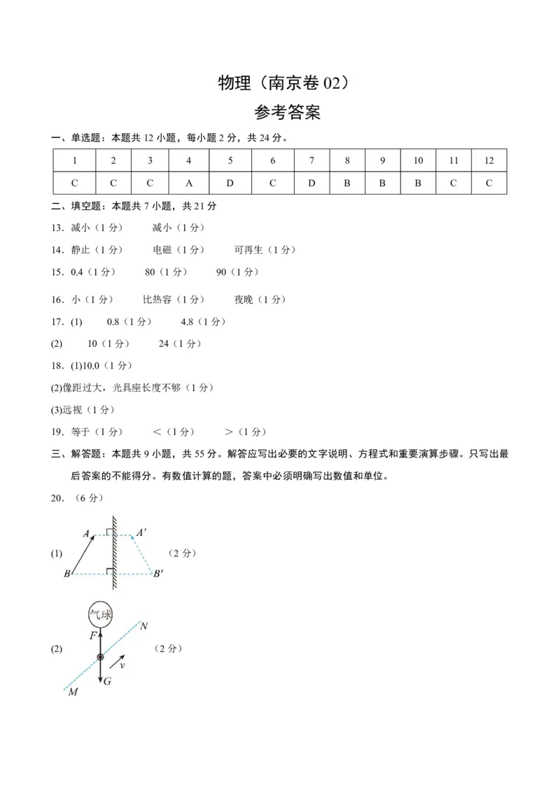 物理(南京卷02)(参考答案)_中考押题2026《中考押题》系列（9科全套实时更新中）_2026版中考《金卷考前预测卷》全国多地区版（物理）_物理(江苏南京卷02)