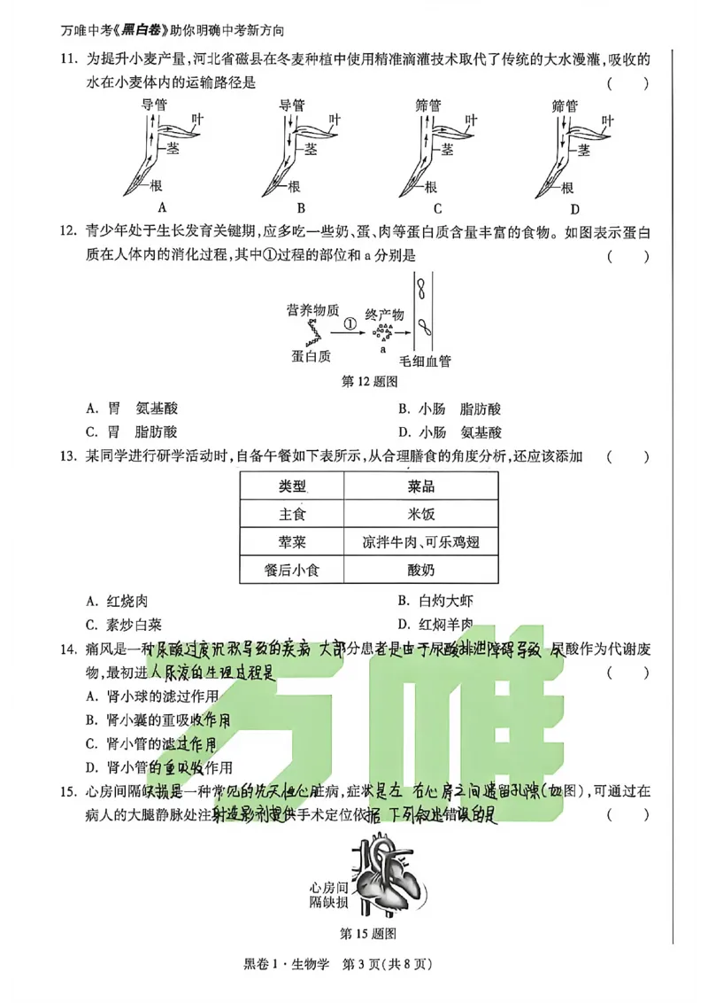 生物手写版_中考押题2026《中考押题》系列（9科全套实时更新中）_万唯2026版初中《万唯黑白卷》地生（河北）_生物黑白