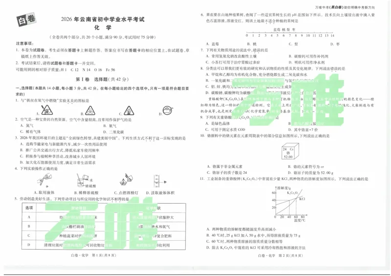 白卷2026年云南省初中学业水平考试化学_2026中考押题卷合集_2026中考黑白卷合集_2026版初中《万唯黑白卷》7科全套（云南）_2026《万唯中考&bull;云南黑白卷》化学