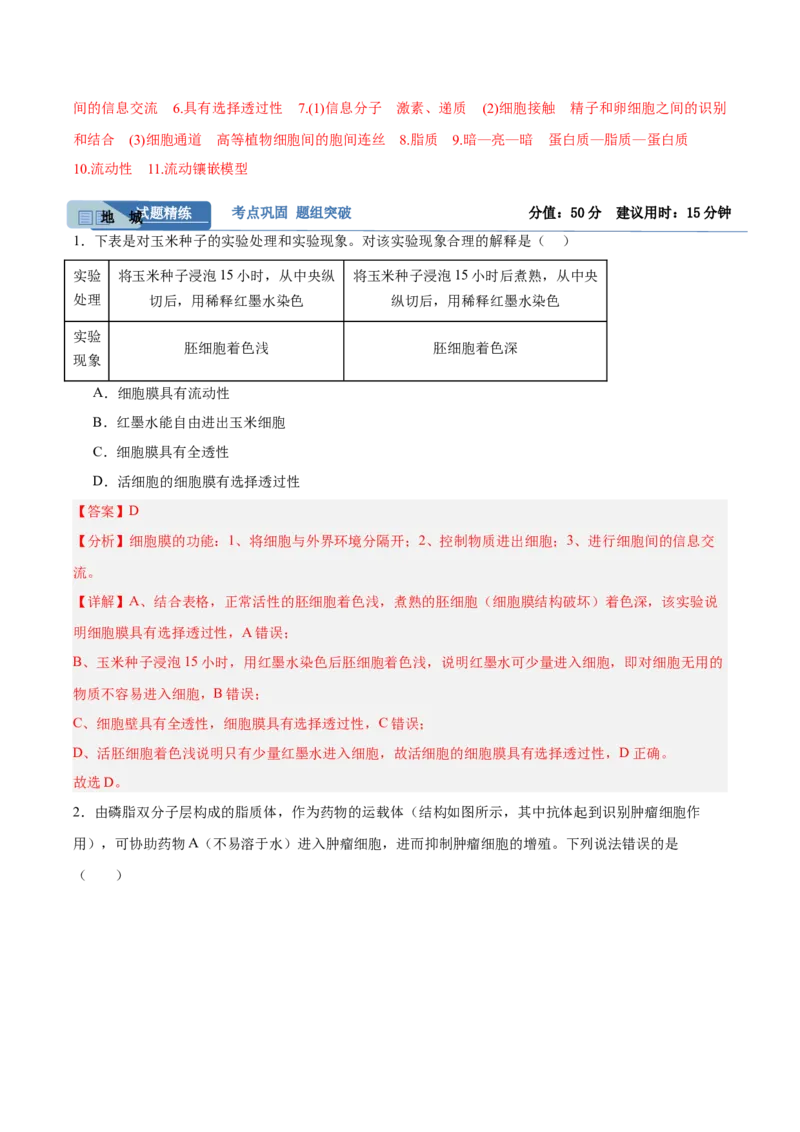 考点通关卷05细胞膜和细胞核（解析版）_新高考复习资料_2025年新高考资料_2025年高考生物一轮复习考点通关卷（新高考通用）