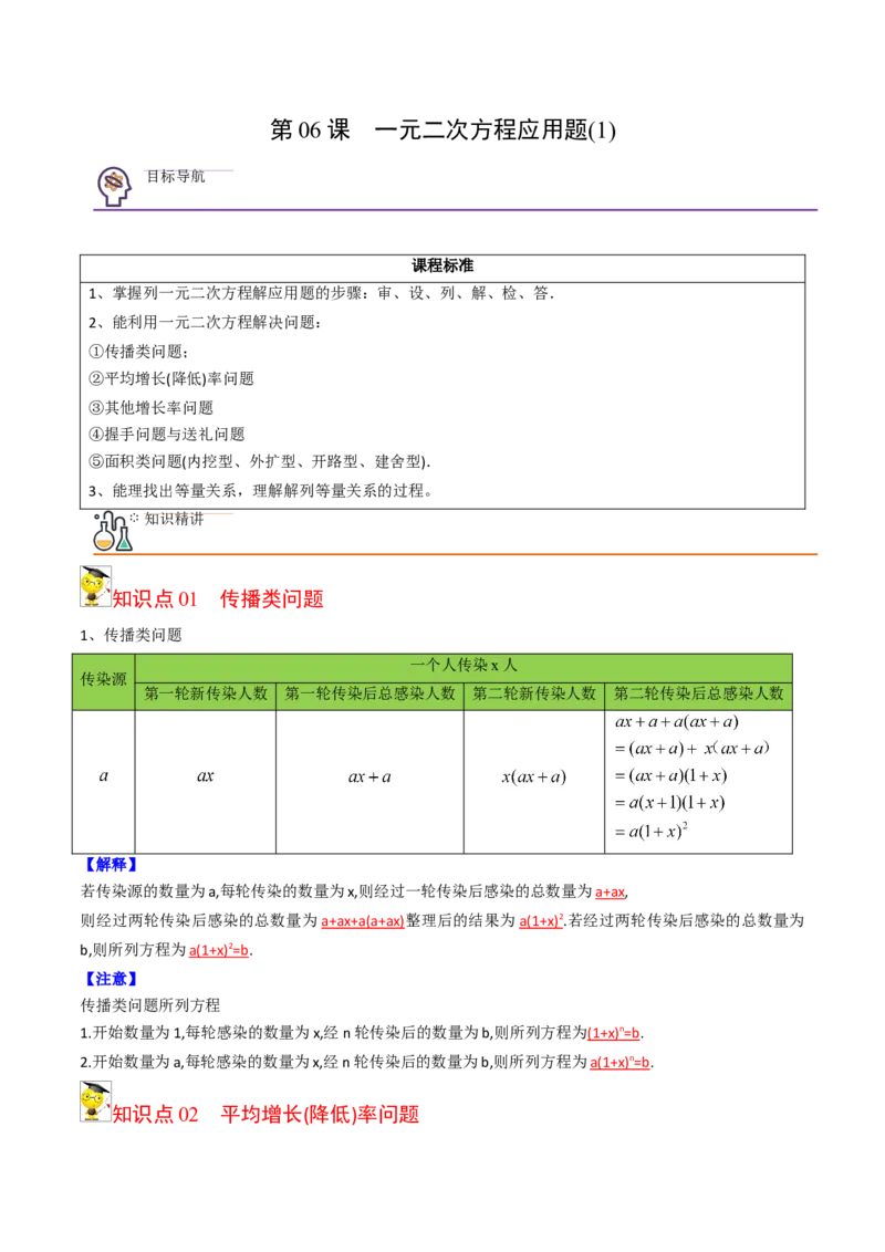 初中数学同步9年级上册06课一元二次方程应用题（1）(共32页)（教师版）_人教版数学九年级上册_版本二_九年级数学上册（人教版）_专项复习_讲义