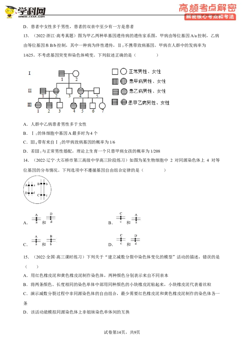解密07遗传的细胞学基础（分层训练)（原卷版）_新高考复习资料_2023年新高考复习资料_二轮复习_高频考点解密2023年高考生物二轮复习讲义+分层训练（全国通用）288808838