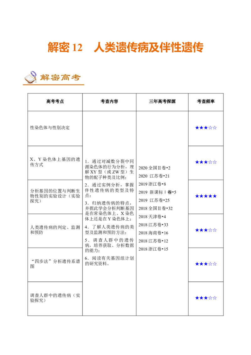 解密12人类遗传病及伴性遗传（讲义）-高频考点解密2021年高考生物二轮复习讲义+分层训练_新高考复习资料_2021年新高考资料