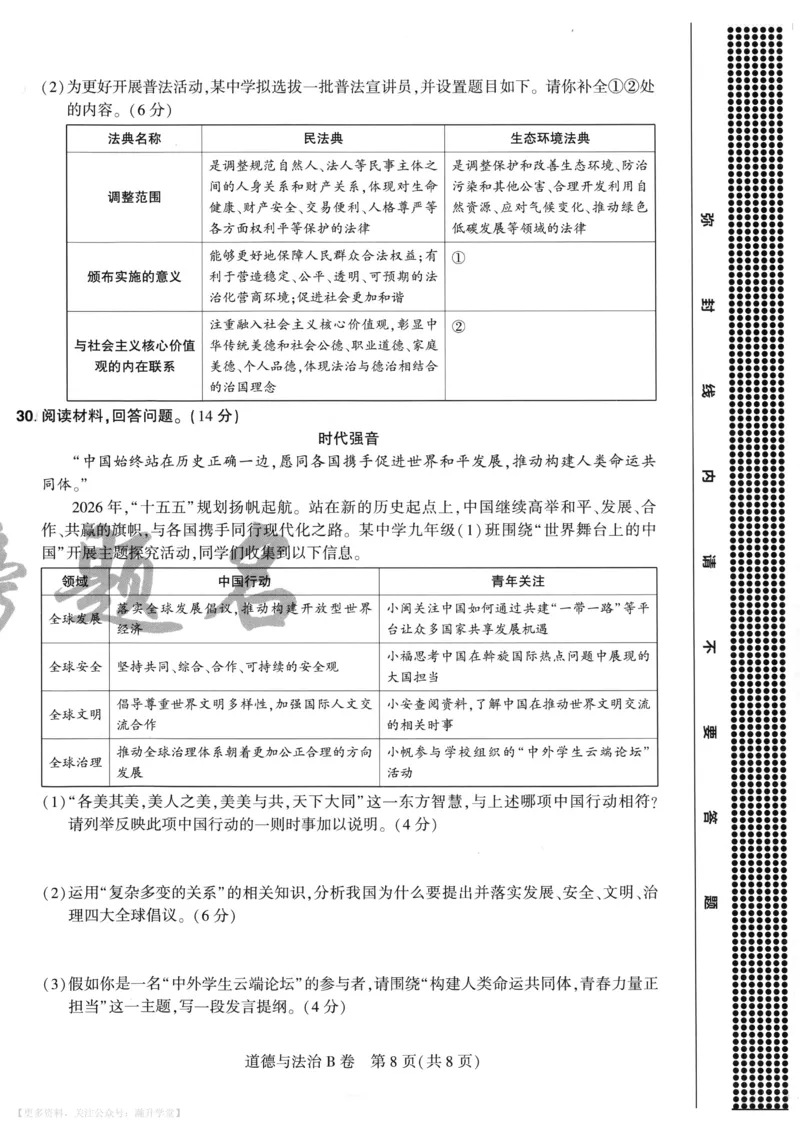 道法A4_2026中考押题卷合集_2026《载望中考&bull;预测解密卷》多地方版_2026《载望中考&bull;考前预测解密卷》福建7科_2026《福建中考&bull;载望考前预测解密卷》7科A4