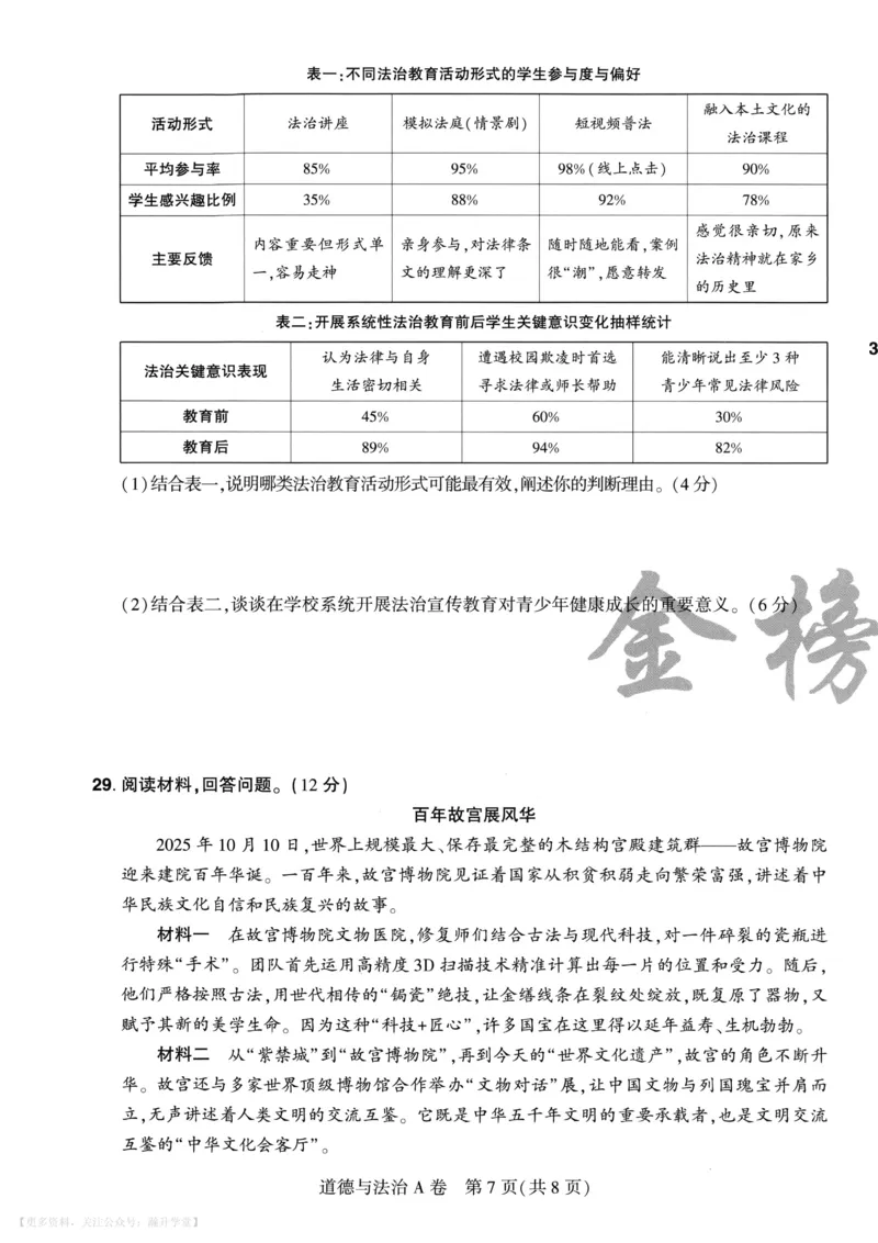 道法A4_2026中考押题卷合集_2026《载望中考&bull;预测解密卷》多地方版_2026《载望中考&bull;考前预测解密卷》福建7科_2026《福建中考&bull;载望考前预测解密卷》7科A4