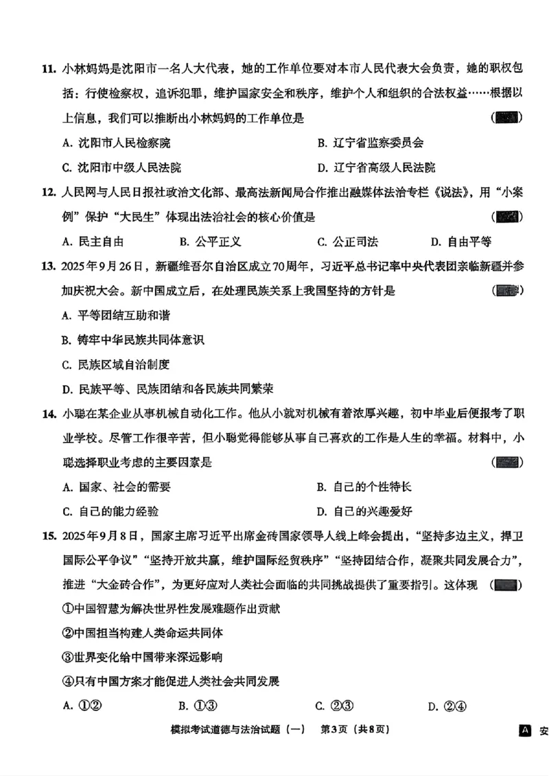 道法A4安童中考模拟试卷_中考押题2026《中考押题》系列（9科全套实时更新中）_2026版初中《安童中考模拟试卷》7科全套（辽宁）_26《安童中考模拟试卷》道法
