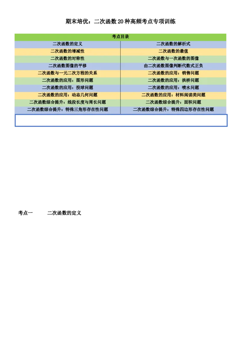 期末培优：二次函数20种高频考点专项训练（原卷版）_人教版数学九年级上册_版本二_九年级数学上册（人教版）_期中期末