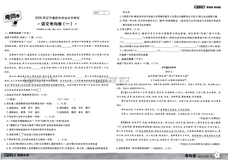 语文考向卷学习之星_中考押题2026《中考押题》系列（9科全套实时更新中）_领跑2026版中考《领跑考向卷》语数英物化（辽宁）_2026领跑中考考向卷语文
