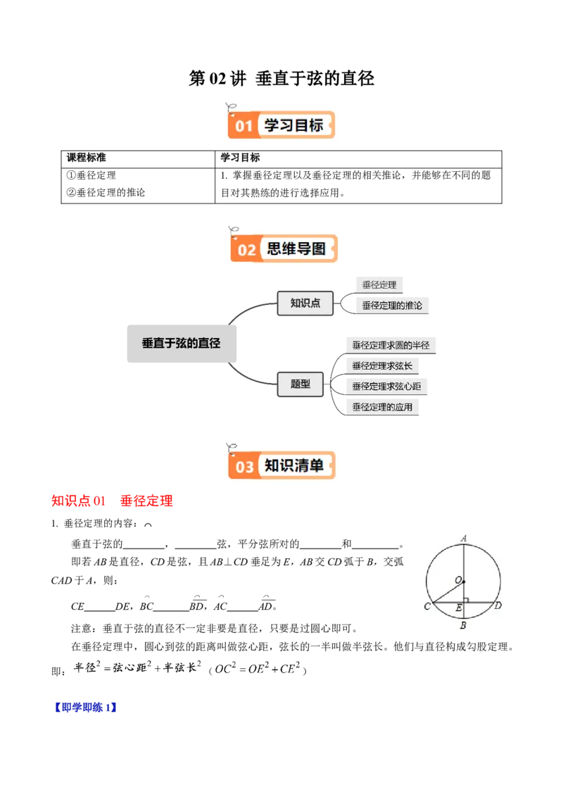 第02讲垂直于弦的直径（2个知识点+4类热点题型讲练+习题巩固）（学生版）_人教版数学九年级上册_版本二_九年级数学上册（人教版）_同步讲义-U18_2025版