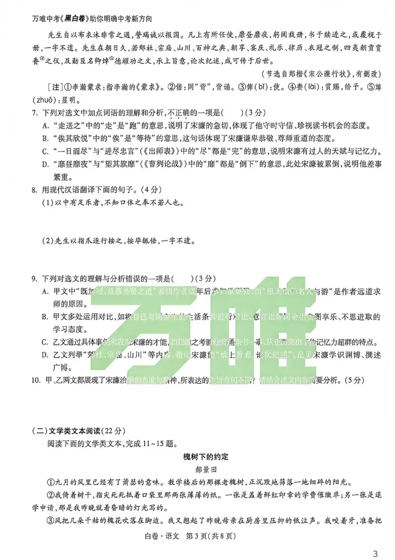 语文白卷_中考押题2026《中考押题》系列（9科全套实时更新中）_万唯2026版初中《万唯黑白卷》7科全套（重庆）_语文