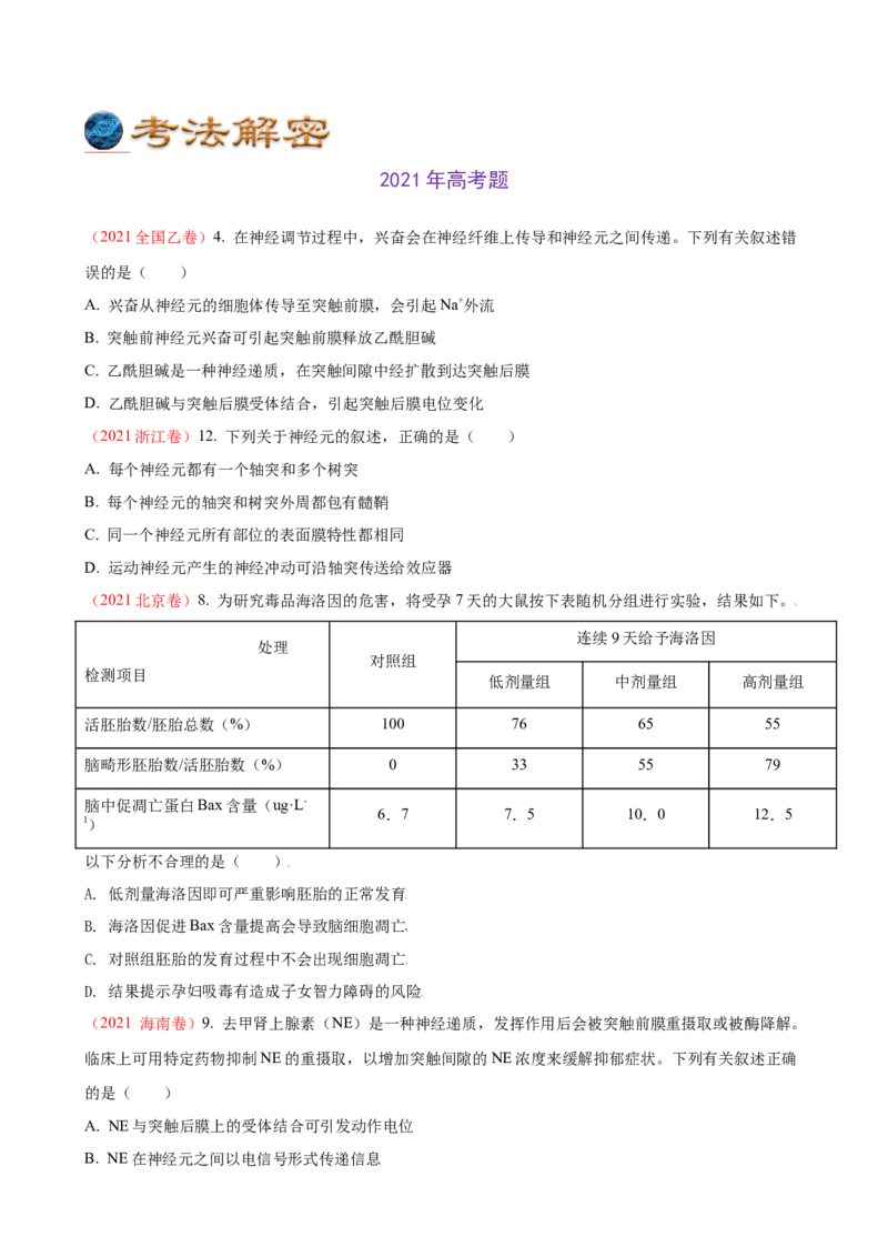 解密11神经调节（讲义)（学生版）_新高考复习资料_2023年新高考复习资料_二轮复习_高频考点解密2023年高考生物二轮复习讲义+分层训练（全国通用）288808838