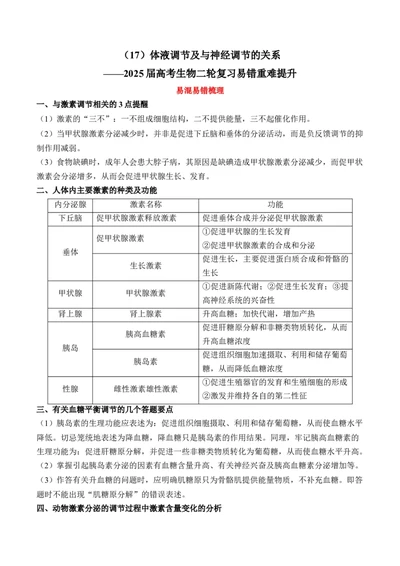 （17）体液调节及与神经调节的关系&mdash;&mdash;2025届高考生物二轮复习易错重难提升学案（含解析）_2025年新高考资料_二轮复习_2025届高考生物二轮复习易错重难提升（含解析）